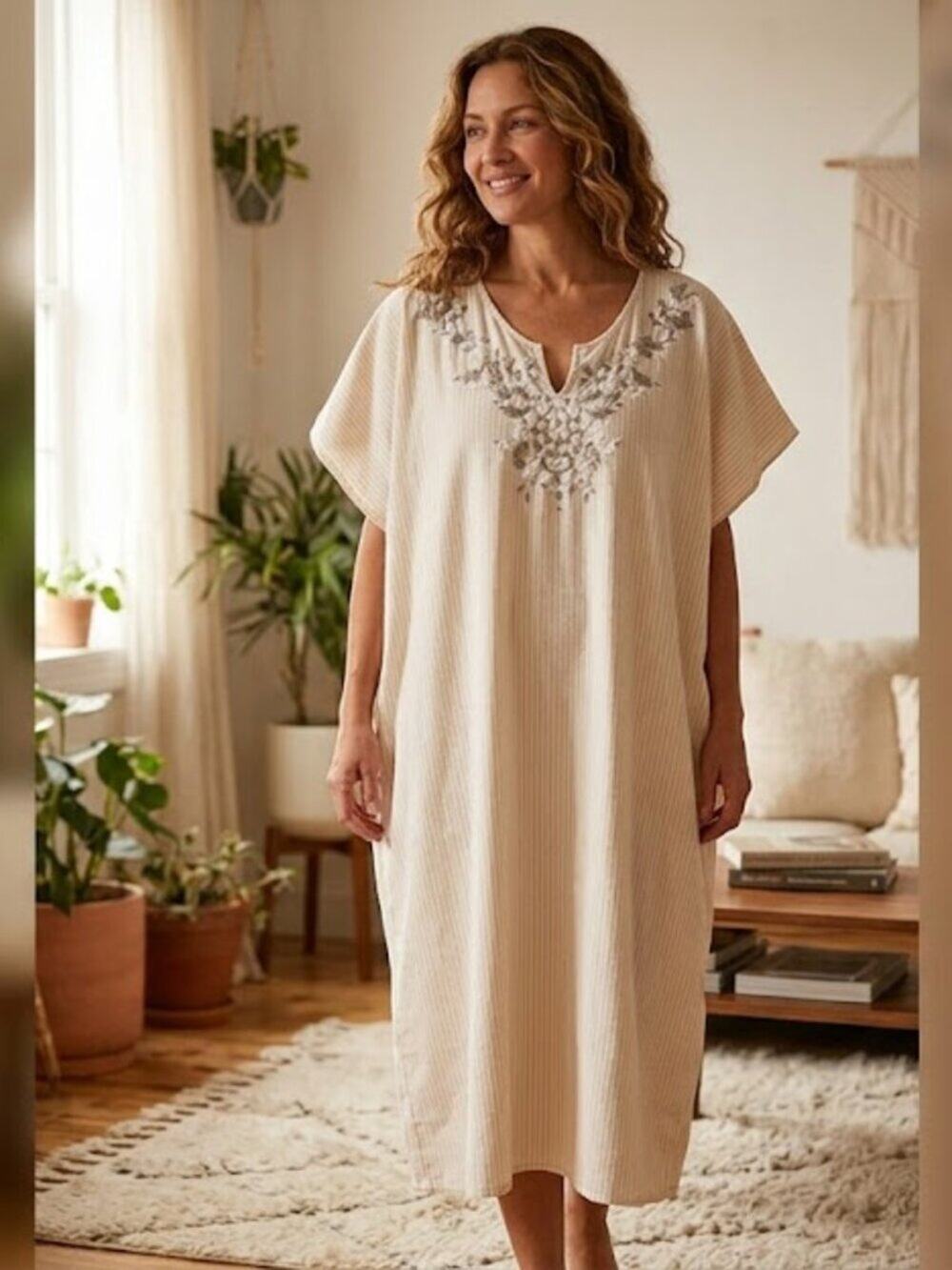Vintage National Embroidered V-Neck Flannel Kaftan Nightgown OSW 1X